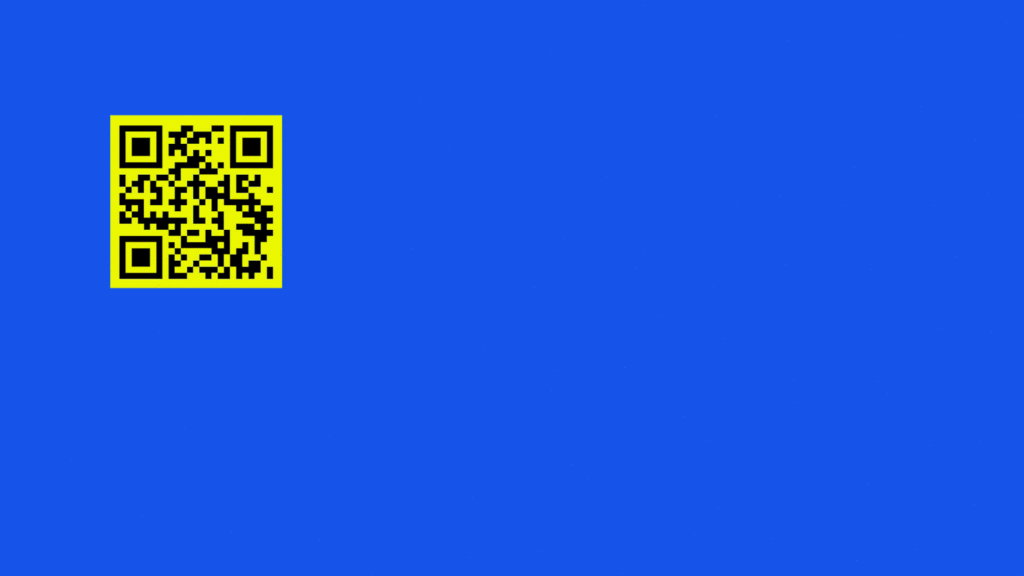 A yellow QR code on a bright blue background, in the style of a MSCHF drop